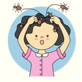 Cartoon image of girl scratching head with lice jumping out.